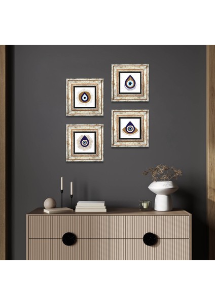 Stone Nazar Çerçeveli Taş Duvar Tablosu 4’lü Set - Dekoratif Modern Sanat, Ev ve Ofis Dekoru |TK4-1060|