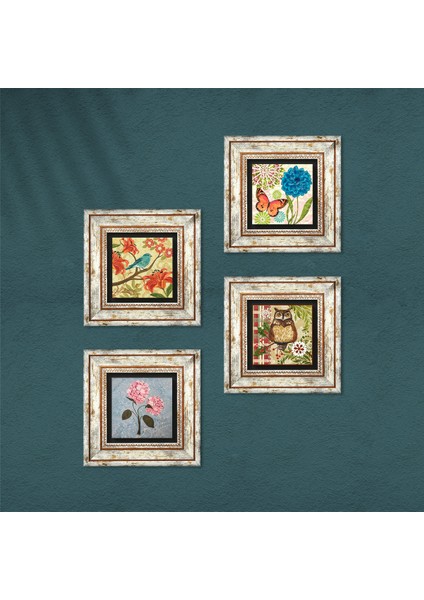 Kelebek, Serçe, Pembe Ortanca Çiçeği, Baykuş Çerçeveli Taş Duvar Tablosu 4’lü Set - Dekoratif Modern Sanat, Ev ve Ofis Dekoru |TK4-1087| fırsatları