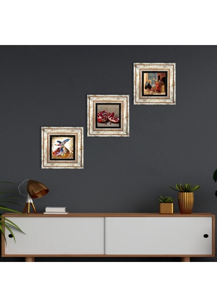 Satranç Oyunu, Semazen, Nar Taş Duvar Tablosu Çerçeveli Duvar Dekoru 3 Parça Tablo Seti Wall Art T3-854
