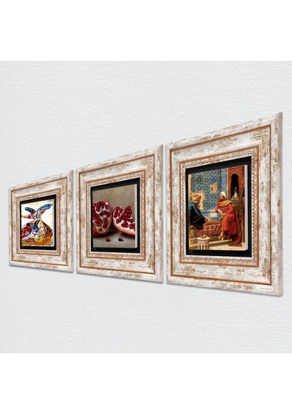 Satranç Oyunu, Semazen, Nar Taş Duvar Tablosu Çerçeveli Duvar Dekoru 3 Parça Tablo Seti Wall Art T3-854