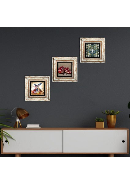Hayat Ağacı, Semazen, Nar Taş Duvar Tablosu Çerçeveli Duvar Dekoru 3 Parça Tablo Seti Wall Art T3-890