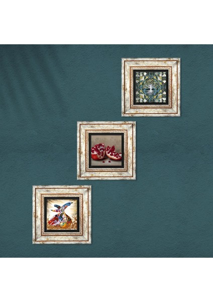 Hayat Ağacı, Semazen, Nar Taş Duvar Tablosu Çerçeveli Duvar Dekoru 3 Parça Tablo Seti Wall Art T3-890
