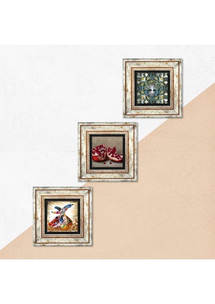 Hayat Ağacı, Semazen, Nar Taş Duvar Tablosu Çerçeveli Duvar Dekoru 3 Parça Tablo Seti Wall Art T3-890