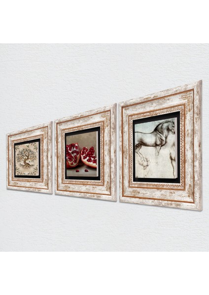Leonardo da Vinci At Heykeli, Hayat Ağacı, Nar Taş Duvar Tablosu Çerçeveli Duvar Dekoru 3 Parça Tablo Seti Wall Art T3-901 fiyatları
