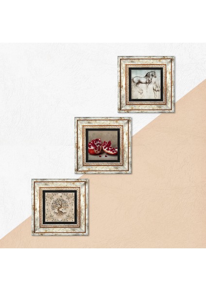 Leonardo da Vinci At Heykeli, Hayat Ağacı, Nar Taş Duvar Tablosu Çerçeveli Duvar Dekoru 3 Parça Tablo Seti Wall Art T3-901 indirimleri