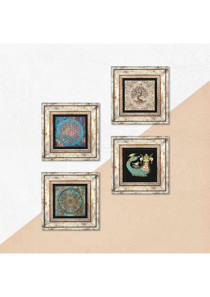 Yaşam Çiçeği, Şahmeran, Hayat Ağacı Taş Duvar Tablosu Çerçeveli Duvar Dekoru 4 Parça Tablo Seti Wall Art T4-102