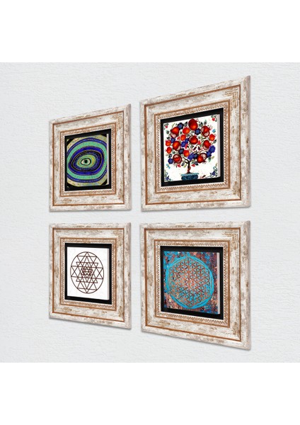 Nazar, Yaşam Çiçeği, Sri Yantra, Nar Ağacı Taş Duvar Tablosu Çerçeveli Duvar Dekoru 4 Parça Tablo Seti Wall Art T4-1020 fiyatları
