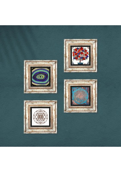 Nazar, Yaşam Çiçeği, Sri Yantra, Nar Ağacı Taş Duvar Tablosu Çerçeveli Duvar Dekoru 4 Parça Tablo Seti Wall Art T4-1020 fırsatları