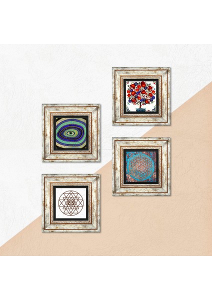 Nazar, Yaşam Çiçeği, Sri Yantra, Nar Ağacı Taş Duvar Tablosu Çerçeveli Duvar Dekoru 4 Parça Tablo Seti Wall Art T4-1020 indirimleri