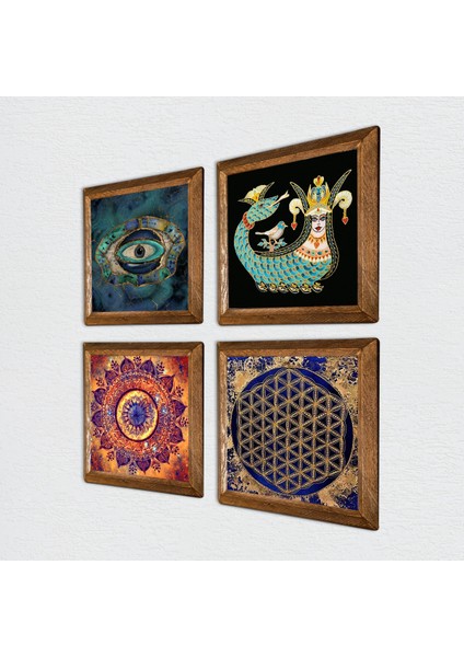 Mandala, Nazar, Yaşam Çiçeği, Şahmeran Ahşap Çerçeveli Taş Duvar Tablosu 4’lü Set – 25x25 cm Dekoratif Modern Sanat – Ev ve Ofis Dekoru |W4-786| fiyatları