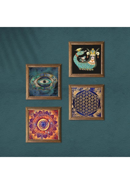 Mandala, Nazar, Yaşam Çiçeği, Şahmeran Ahşap Çerçeveli Taş Duvar Tablosu 4’lü Set – 25x25 cm Dekoratif Modern Sanat – Ev ve Ofis Dekoru |W4-786| modelleri