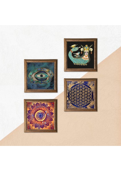 Mandala, Nazar, Yaşam Çiçeği, Şahmeran Ahşap Çerçeveli Taş Duvar Tablosu 4’lü Set – 25x25 cm Dekoratif Modern Sanat – Ev ve Ofis Dekoru |W4-786| indirimleri