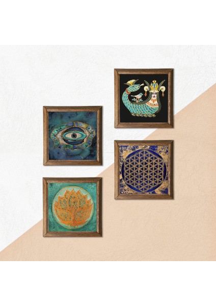 Nazar, Lotus Çiçeği, Yaşam Çiçeği, Şahmeran Taş Duvar Tablosu Ahşap Çerçeveli Duvar Dekoru 4 Parça Tablo Seti Wall Art W4-789 indirimleri