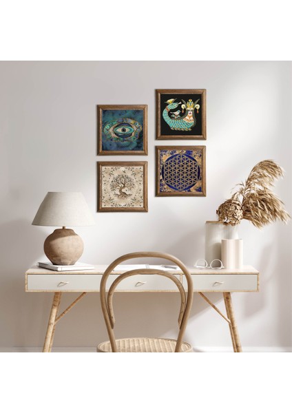 Nazar, Yaşam Çiçeği, Şahmeran, Hayat Ağacı Ahşap Çerçeveli Taş Duvar Tablosu 4’lü Set – 25x25 cm Dekoratif Modern Sanat – Ev ve Ofis Dekoru |W4-794|