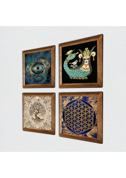 Nazar, Yaşam Çiçeği, Şahmeran, Hayat Ağacı Ahşap Çerçeveli Taş Duvar Tablosu 4’lü Set – 25x25 cm Dekoratif Modern Sanat – Ev ve Ofis Dekoru |W4-794| fiyatları