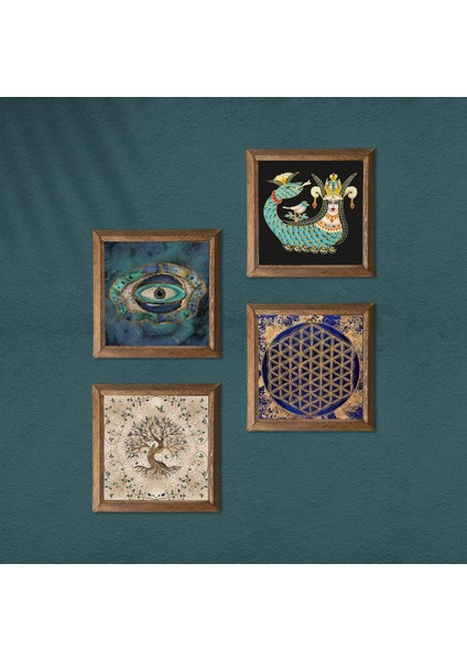 Nazar, Yaşam Çiçeği, Şahmeran, Hayat Ağacı Ahşap Çerçeveli Taş Duvar Tablosu 4’lü Set – 25x25 cm Dekoratif Modern Sanat – Ev ve Ofis Dekoru |W4-794| modelleri