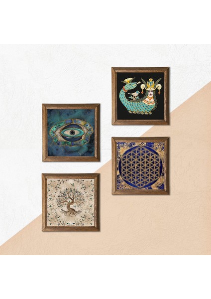 Nazar, Yaşam Çiçeği, Şahmeran, Hayat Ağacı Ahşap Çerçeveli Taş Duvar Tablosu 4’lü Set – 25x25 cm Dekoratif Modern Sanat – Ev ve Ofis Dekoru |W4-794| indirimleri