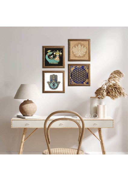 Lotus Çiçeği, Yaşam Çiçeği, Şahmeran, Fatma Ana Eli (Hamsa) Ahşap Çerçeveli Taş Duvar Tablosu 4’lü Set – 25x25 cm Dekoratif Modern Sanat – Ev ve Ofis Dekoru |W4-800|