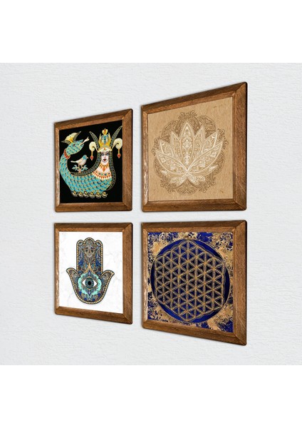Lotus Çiçeği, Yaşam Çiçeği, Şahmeran, Fatma Ana Eli (Hamsa) Ahşap Çerçeveli Taş Duvar Tablosu 4’lü Set – 25x25 cm Dekoratif Modern Sanat – Ev ve Ofis Dekoru |W4-800| fiyatları
