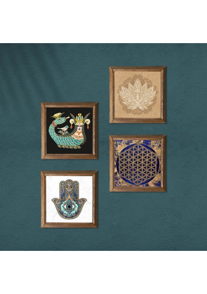 Lotus Çiçeği, Yaşam Çiçeği, Şahmeran, Fatma Ana Eli (Hamsa) Ahşap Çerçeveli Taş Duvar Tablosu 4’lü Set – 25x25 cm Dekoratif Modern Sanat – Ev ve Ofis Dekoru |W4-800| modelleri