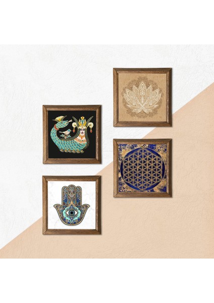 Lotus Çiçeği, Yaşam Çiçeği, Şahmeran, Fatma Ana Eli (Hamsa) Ahşap Çerçeveli Taş Duvar Tablosu 4’lü Set – 25x25 cm Dekoratif Modern Sanat – Ev ve Ofis Dekoru |W4-800| indirimleri
