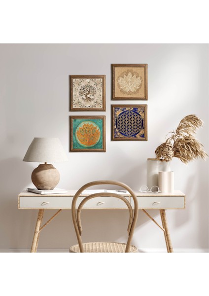 Lotus Çiçeği, Yaşam Çiçeği, Hayat Ağacı Taş Duvar Tablosu Ahşap Çerçeveli Duvar Dekoru 4 Parça Tablo Seti Wall Art W4-817