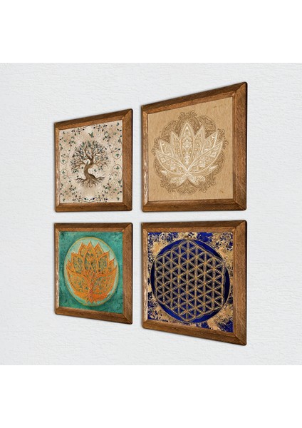 Lotus Çiçeği, Yaşam Çiçeği, Hayat Ağacı Taş Duvar Tablosu Ahşap Çerçeveli Duvar Dekoru 4 Parça Tablo Seti Wall Art W4-817