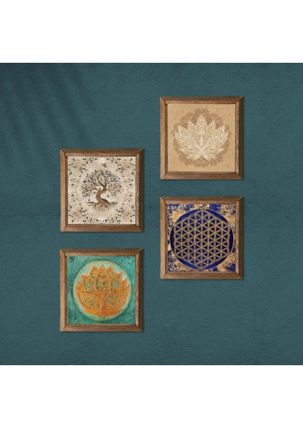 Lotus Çiçeği, Yaşam Çiçeği, Hayat Ağacı Taş Duvar Tablosu Ahşap Çerçeveli Duvar Dekoru 4 Parça Tablo Seti Wall Art W4-817