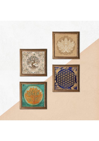 Lotus Çiçeği, Yaşam Çiçeği, Hayat Ağacı Taş Duvar Tablosu Ahşap Çerçeveli Duvar Dekoru 4 Parça Tablo Seti Wall Art W4-817