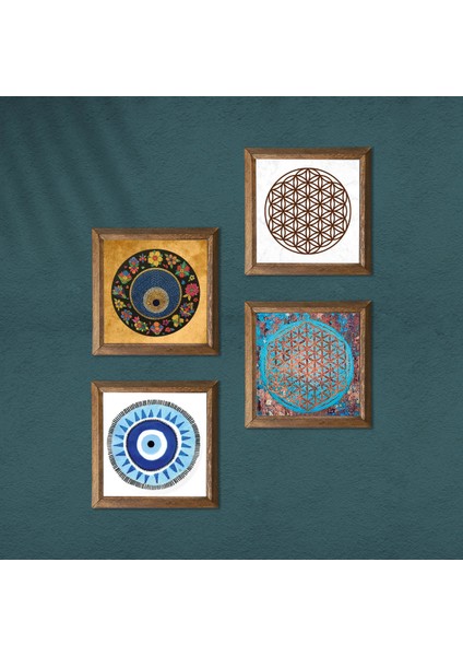 Stone Yaşam Çiçeği, Nazar Ahşap Çerçeveli Taş Duvar Tablosu 4’lü Set – 25x25 cm Dekoratif Modern Sanat – Ev ve Ofis Dekoru |W4-836| modelleri