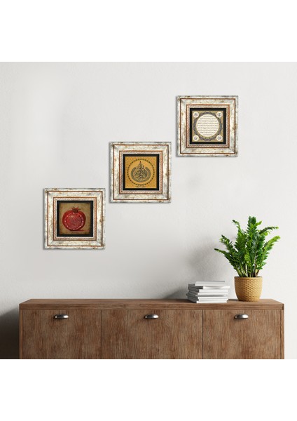Ayet-el Kürsi, Hilye-i Şerif, Bereket Duası Taş Duvar Tablosu Çerçeveli Duvar Dekoru 3 Parça Tablo Seti Wall Art T3-52