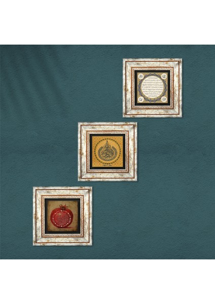Ayet-el Kürsi, Hilye-i Şerif, Bereket Duası Taş Duvar Tablosu Çerçeveli Duvar Dekoru 3 Parça Tablo Seti Wall Art T3-52