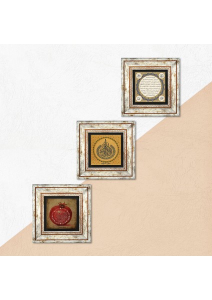 Ayet-el Kürsi, Hilye-i Şerif, Bereket Duası Taş Duvar Tablosu Çerçeveli Duvar Dekoru 3 Parça Tablo Seti Wall Art T3-52