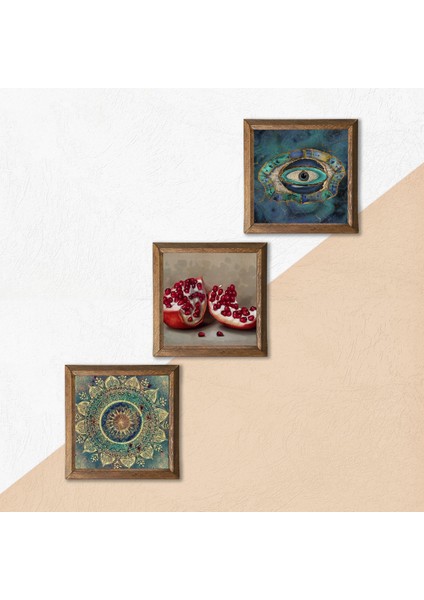 Mandala, Nazar, Nar Taş Duvar Tablosu Ahşap Çerçeveli Duvar Dekoru 3 Parça Tablo Seti Wall Art W3-1683