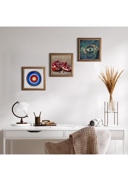 Nazar, Nar Taş Duvar Tablosu Ahşap Çerçeveli Duvar Dekoru 3 Parça Tablo Seti Wall Art W3-1685