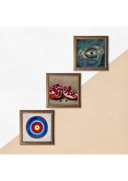 Nazar, Nar Taş Duvar Tablosu Ahşap Çerçeveli Duvar Dekoru 3 Parça Tablo Seti Wall Art W3-1685 indirimleri