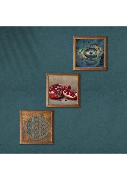 Yaşam Çiçeği, Nazar, Nar Ahşap Çerçeveli Taş Duvar Tablosu 3’lü Set – 25x25 cm Dekoratif Modern Sanat – Ev ve Ofis Dekoru |W3-1687| modelleri