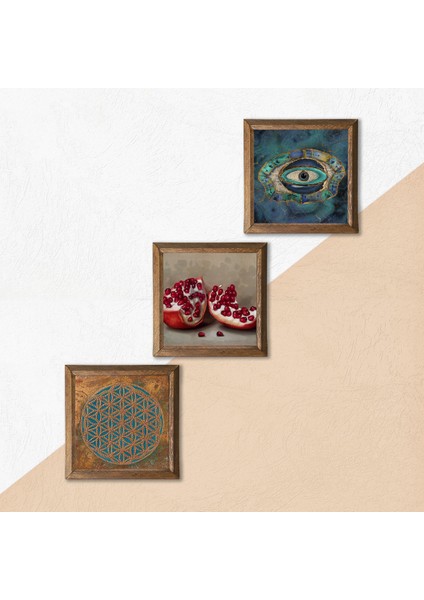 Yaşam Çiçeği, Nazar, Nar Ahşap Çerçeveli Taş Duvar Tablosu 3’lü Set – 25x25 cm Dekoratif Modern Sanat – Ev ve Ofis Dekoru |W3-1687| indirimleri