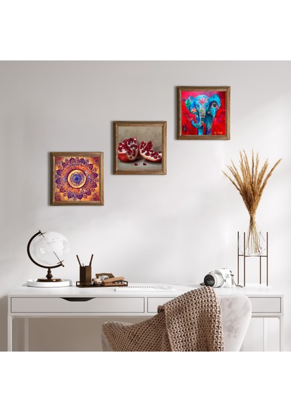 Mandala, Fil, Nar Taş Duvar Tablosu Ahşap Çerçeveli Duvar Dekoru 3 Parça Tablo Seti Wall Art W3-1689
