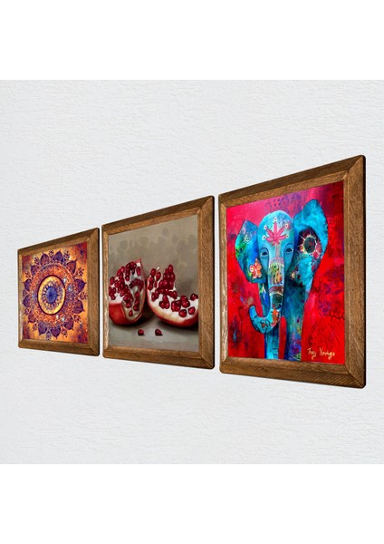 Mandala, Fil, Nar Taş Duvar Tablosu Ahşap Çerçeveli Duvar Dekoru 3 Parça Tablo Seti Wall Art W3-1689 fiyatları