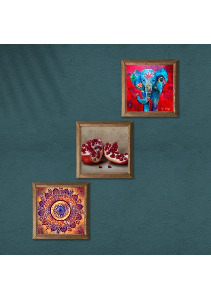 Mandala, Fil, Nar Taş Duvar Tablosu Ahşap Çerçeveli Duvar Dekoru 3 Parça Tablo Seti Wall Art W3-1689 modelleri
