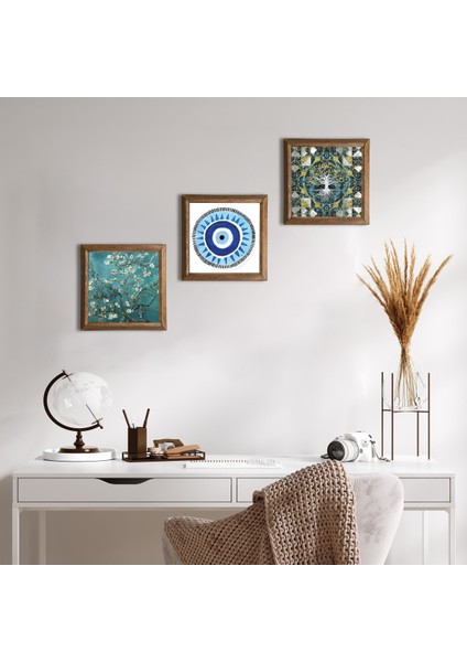 Nazar, Hayat Ağacı, Van Gogh Badem Ağacı Taş Duvar Tablosu Ahşap Çerçeveli Duvar Dekoru 3 Parça Tablo Seti Wall Art W3-205