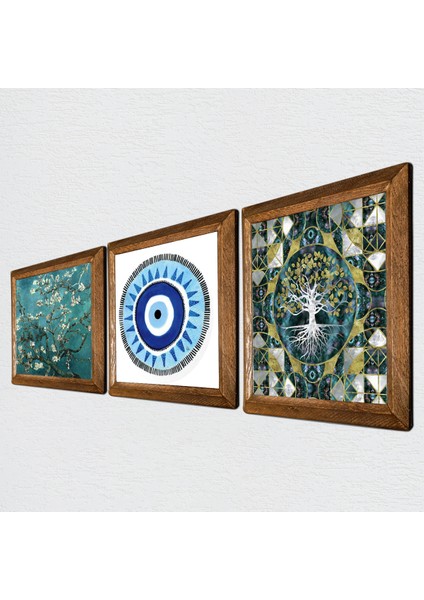 Nazar, Hayat Ağacı, Van Gogh Badem Ağacı Taş Duvar Tablosu Ahşap Çerçeveli Duvar Dekoru 3 Parça Tablo Seti Wall Art W3-205 fiyatları