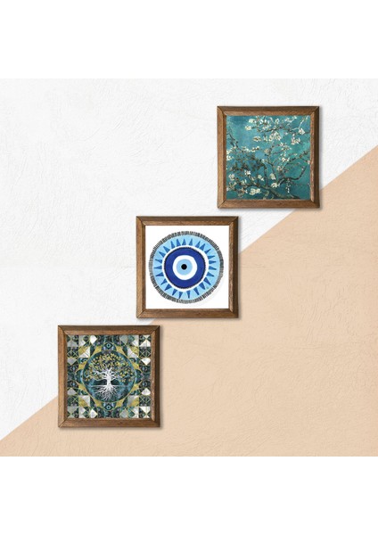 Nazar, Hayat Ağacı, Van Gogh Badem Ağacı Taş Duvar Tablosu Ahşap Çerçeveli Duvar Dekoru 3 Parça Tablo Seti Wall Art W3-205 indirimleri