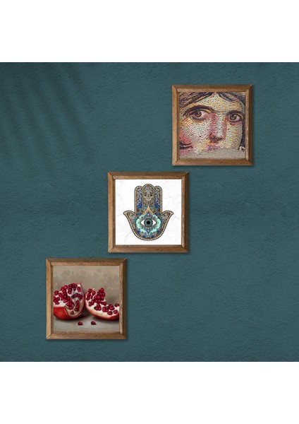 Çingene Kızı Mozaiği, Nar, Fatma Ana Eli (Hamsa) Taş Duvar Tablosu Ahşap Çerçeveli Duvar Dekoru 3 Parça Tablo Seti Wall Art W3-720