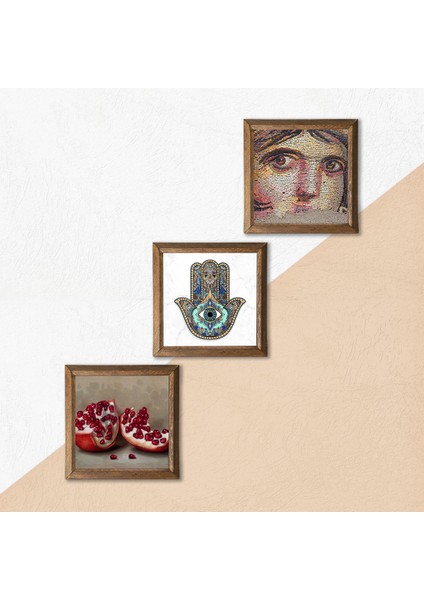 Çingene Kızı Mozaiği, Nar, Fatma Ana Eli (Hamsa) Taş Duvar Tablosu Ahşap Çerçeveli Duvar Dekoru 3 Parça Tablo Seti Wall Art W3-720