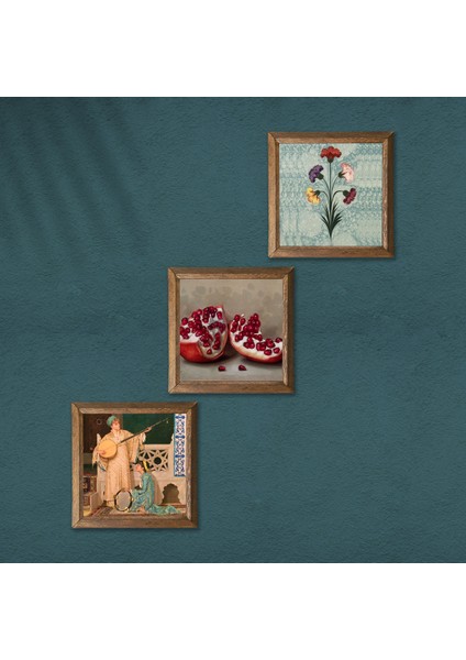 Ebru Sanatı, İki Müzisyen Kız Tablosu, Nar Taş Duvar Tablosu Ahşap Çerçeveli Duvar Dekoru 3 Parça Tablo Seti Wall Art W3-1501