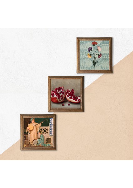 Ebru Sanatı, İki Müzisyen Kız Tablosu, Nar Taş Duvar Tablosu Ahşap Çerçeveli Duvar Dekoru 3 Parça Tablo Seti Wall Art W3-1501