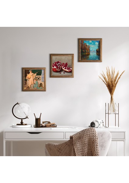 Claude Monet Sonbahar, İki Müzisyen Kız Tablosu, Nar Taş Duvar Tablosu Ahşap Çerçeveli Duvar Dekoru 3 Parça Tablo Seti Wall Art W3-1506