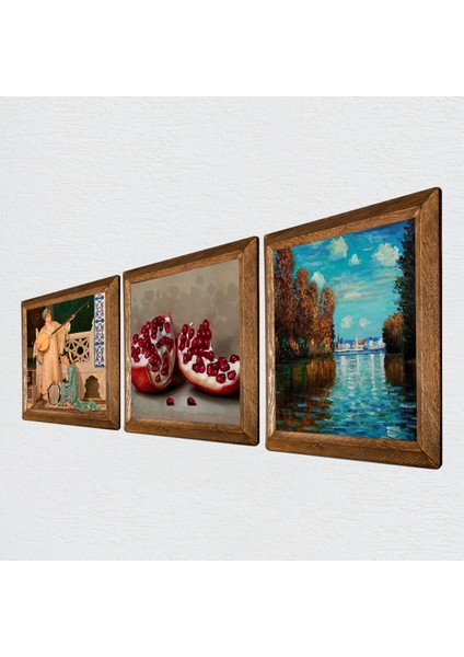 Claude Monet Sonbahar, İki Müzisyen Kız Tablosu, Nar Taş Duvar Tablosu Ahşap Çerçeveli Duvar Dekoru 3 Parça Tablo Seti Wall Art W3-1506